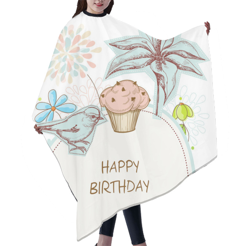 Personality  Happy Birthday Card, Cupcake, Bird And Flowers Hair Cutting Cape