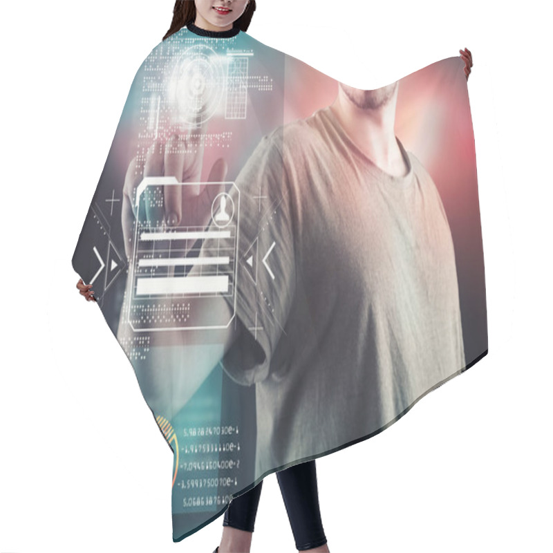 Personality  Man Working On A Futuristic Media Interface. Hair Cutting Cape