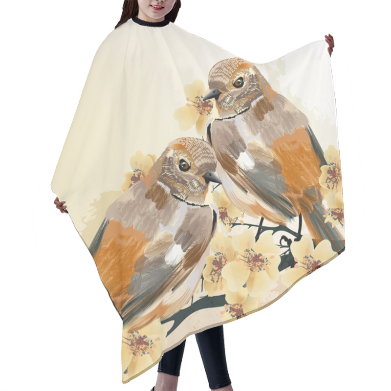 Personality  Couple Of Birds Sit On A Blooming Branch Tree Hair Cutting Cape