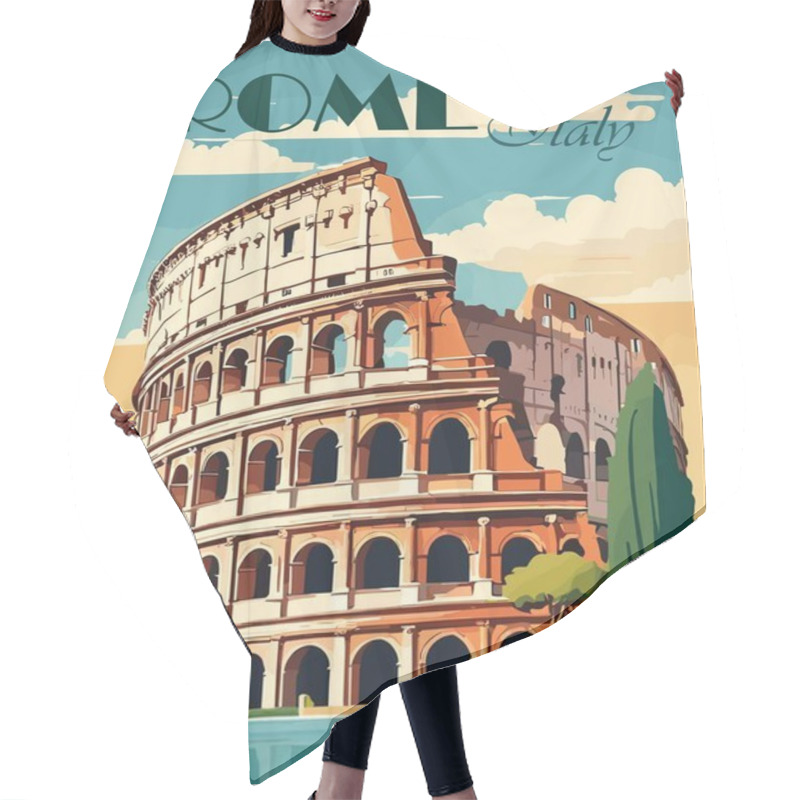 Personality  Rome, Italy Travel Destination Poster In Retro Style With Colosseum Historical Building On The Background. Vintage Colorful Vector Illustration. Hair Cutting Cape