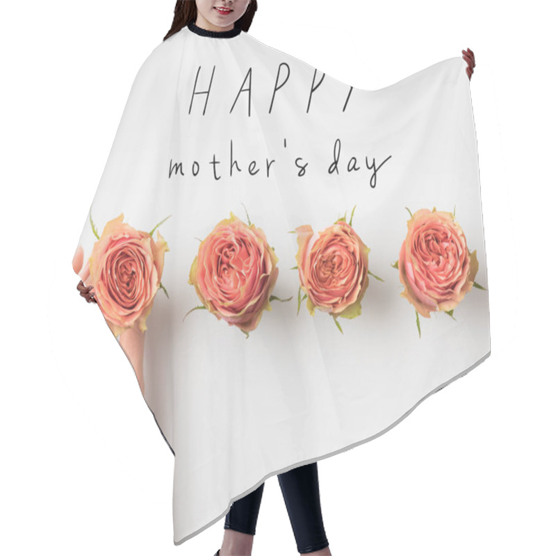 Personality  Hand Touching Pink Rose Buds Placed In Row With HAPPY MOTHERS DAY Inscription Isolated On White Hair Cutting Cape