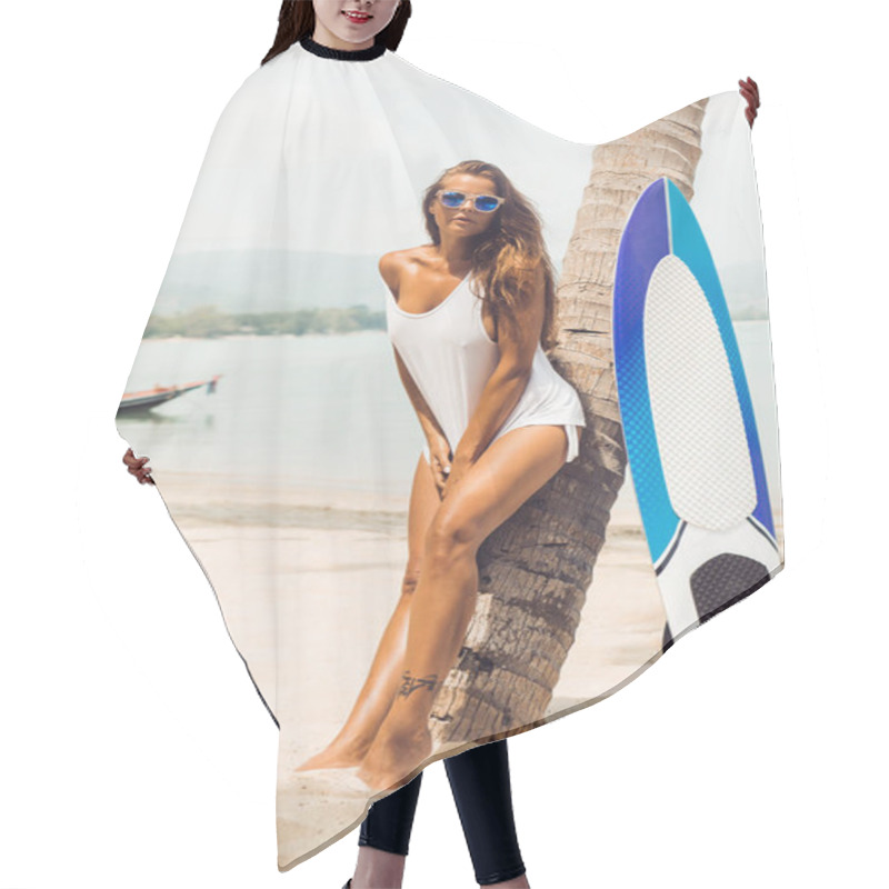 Personality  Sexy Girl On Tropical Beach With Surf Board. Hair Cutting Cape