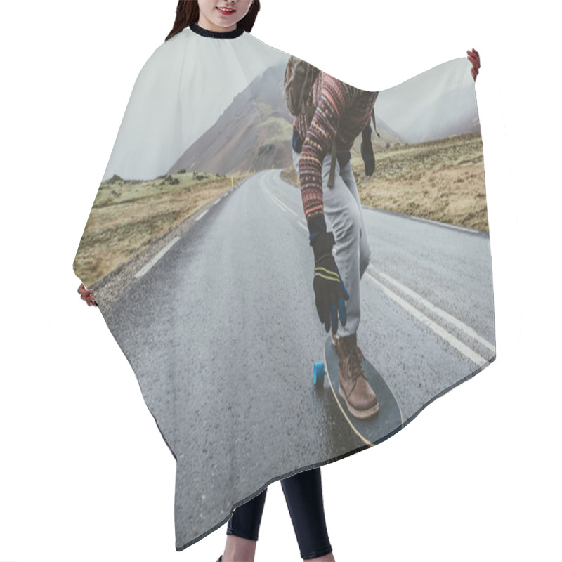 Personality  Skater Traveling Iceland On His Longboard Hair Cutting Cape