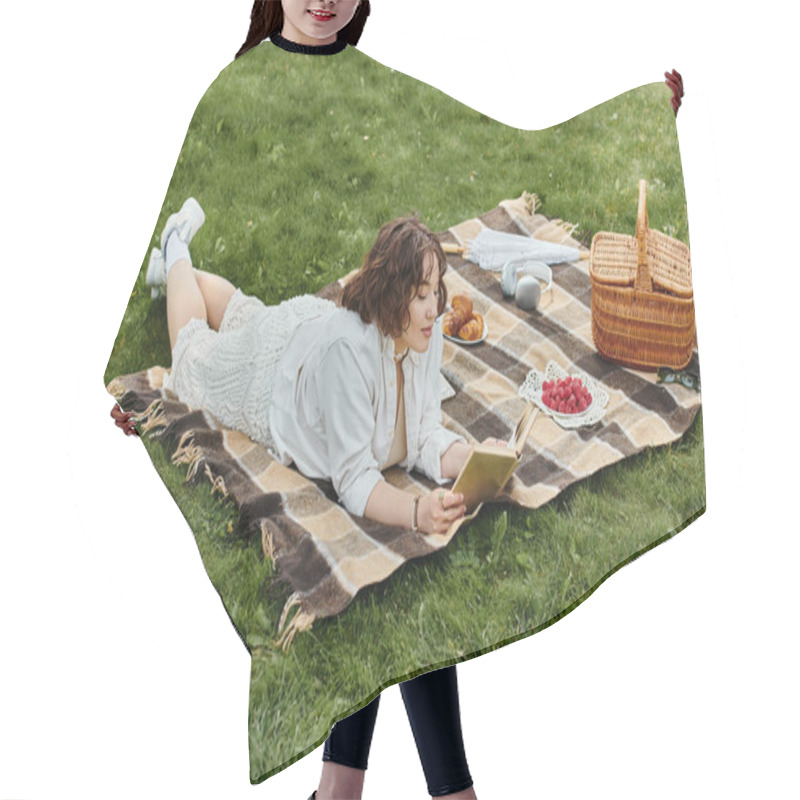 Personality  A Young Woman In A White Shirt Relaxes On A Blanket, Savoring A Book And Fresh Fruits Under The Summer Sun. Hair Cutting Cape