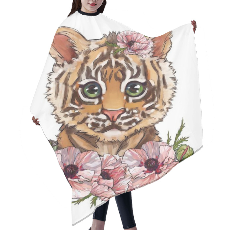 Personality  Cute Tiger In Flowers Illustration On An Isolated White Background. T-shirt Print, Card. Tiger Poster. Cute Animals Children Illustration Your Design Hair Cutting Cape