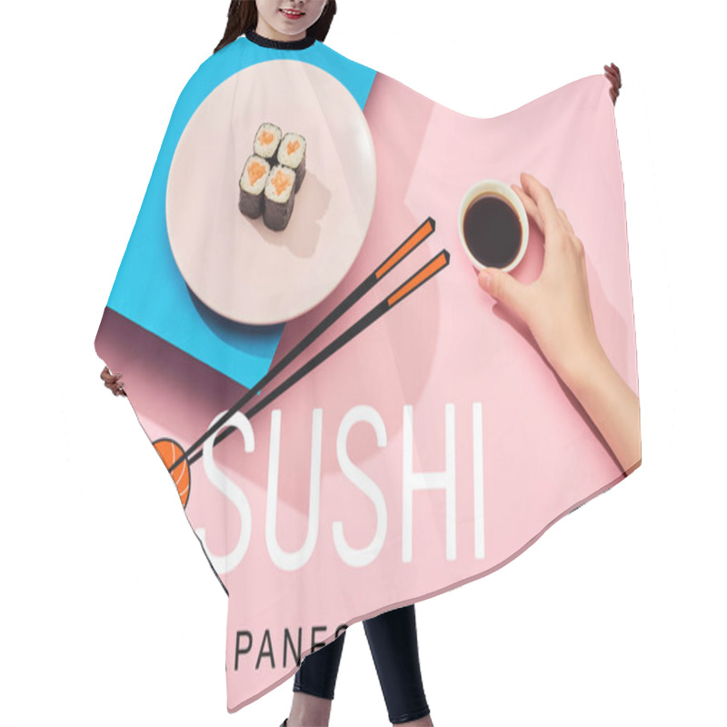 Personality  Cropped View Of Woman Holding Soy Sauce Near Fresh Maki With Salmon And Sushi Japanese Food Lettering On Blue, Pink Background Hair Cutting Cape