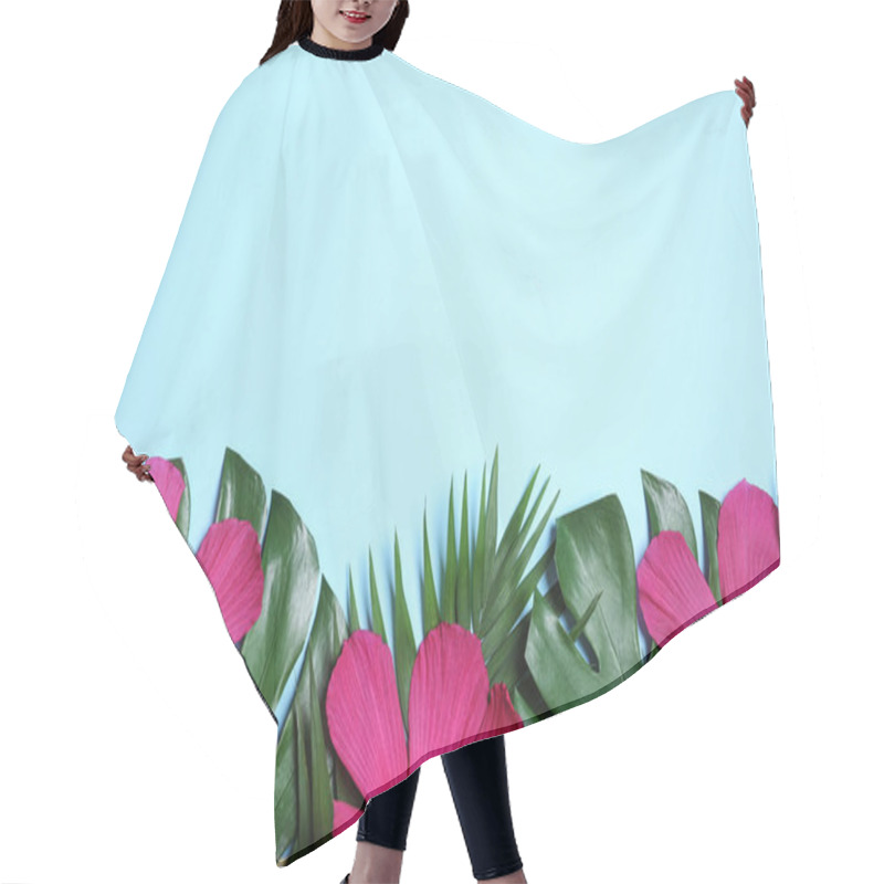 Personality  Flat Lay Composition With Tropical Leaves And Hibiscus Flowers On Blue Background. Space For Text Hair Cutting Cape