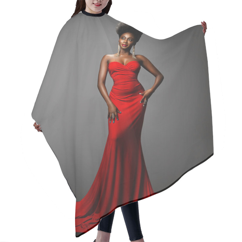 Personality  Fashion Afro American Woman In Red Sexy Dress. African Model With Afro Hairstyle In Long Evening Gown Over Gray Background. Stylish Dark Skin Beauty Girl With Golden Earrings And Red Lip Makeup Happy Smiling Full Length Portrait Hair Cutting Cape