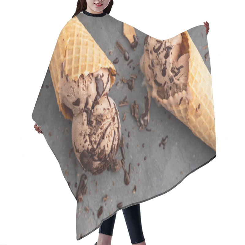 Personality  Homemade Chocolate Ice Cream In Waffle Cones, With A Spoon For Ice Cream, Cocoa And Pieces Of Dark Chocolate. On A Dark Gray Table. Copy Space Close View Hair Cutting Cape