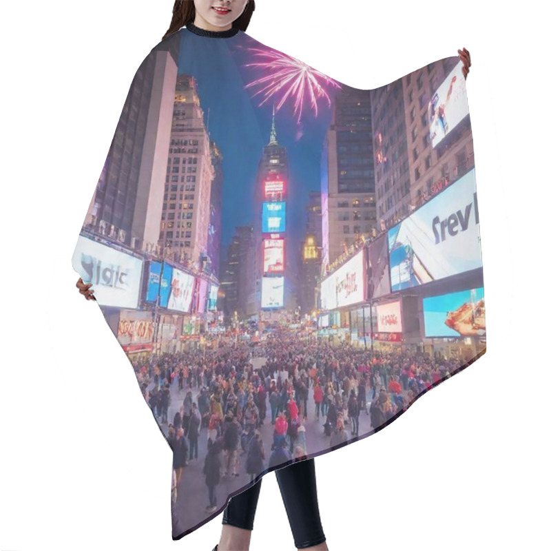 Personality  A Vibrant Scene Capturing The Iconic Times Square In New York City During New Year's Eve. Colorful Fireworks Light Up The Night Sky As Confetti Cascades Down Around A Jubilant Crowd Of People Celebrating, Holding Signs And Cheering For The New Year. Hair Cutting Cape