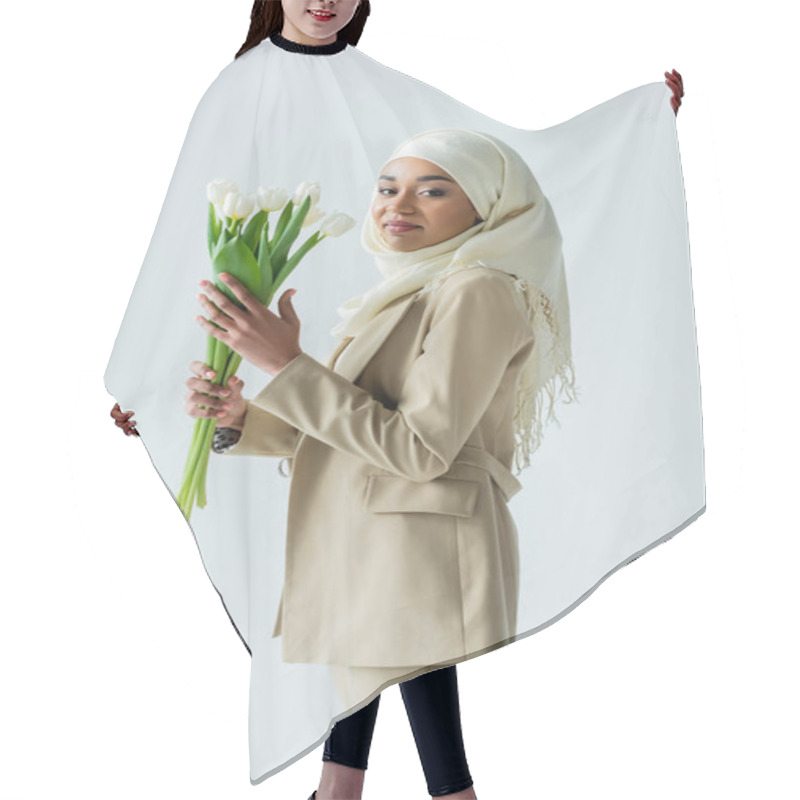 Personality  Happy Muslim Woman In Hijab Holding Tulips Isolated On Grey Hair Cutting Cape