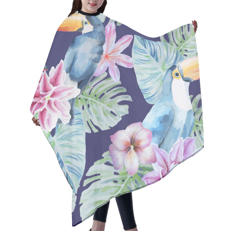 Personality  Toucan Birds With Tropical Flowers And Leaves. Hair Cutting Cape