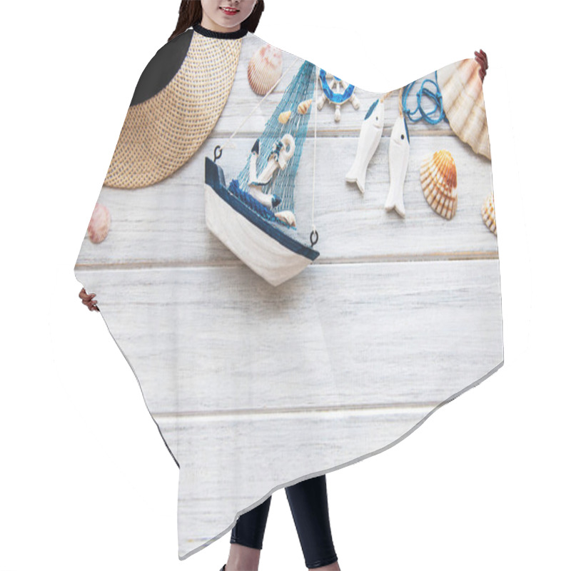 Personality  Summer Holiday Travel Background With Seashells And Toy Boat. View From Above. Flat Lay Hair Cutting Cape