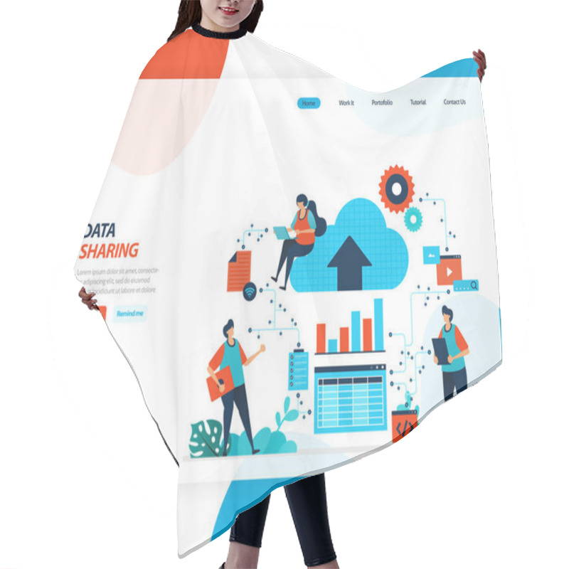 Personality  Vector Cartoon Illustration Of Data Sharing Technology, Remote Worker, Network Industry 4.0, People Sending Work File. Cloud Improvement To Upload Is Effective. For Website, Landing Page, Mobile App Hair Cutting Cape