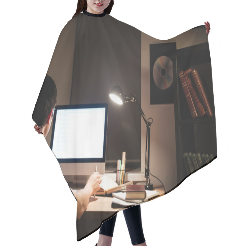 Personality  Back View Of Man Working With Blank Screen Computer  Hair Cutting Cape