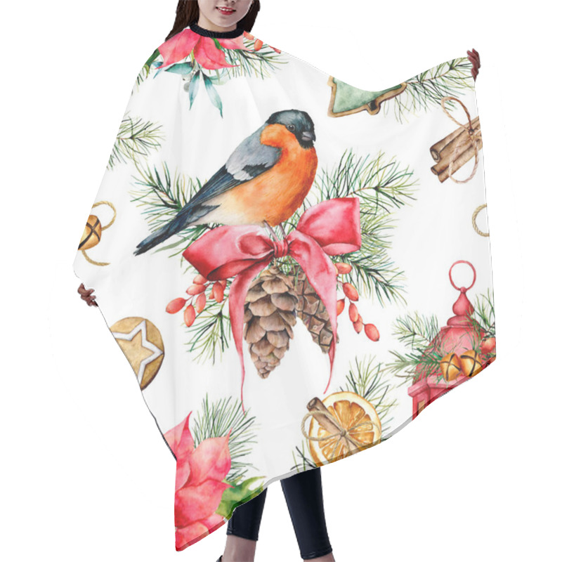 Personality  Watercolor Christmas Pattern With Holiday Symbols. Hand Painted Bullfinch, Lantern With Candle, Poinsettia, Holly, Mistletoe, Pine Cones, Cookies, Cinnamon, Fir Branch Isolated On White Background. Hair Cutting Cape