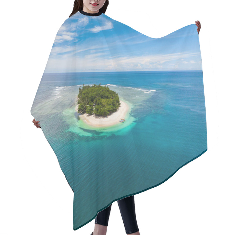 Personality  Aerial View Of White Sand Beach With Coconut Trees. Corals On The Beach. San Victor Island. Mindanao, Philippines. Travel Concept. Hair Cutting Cape