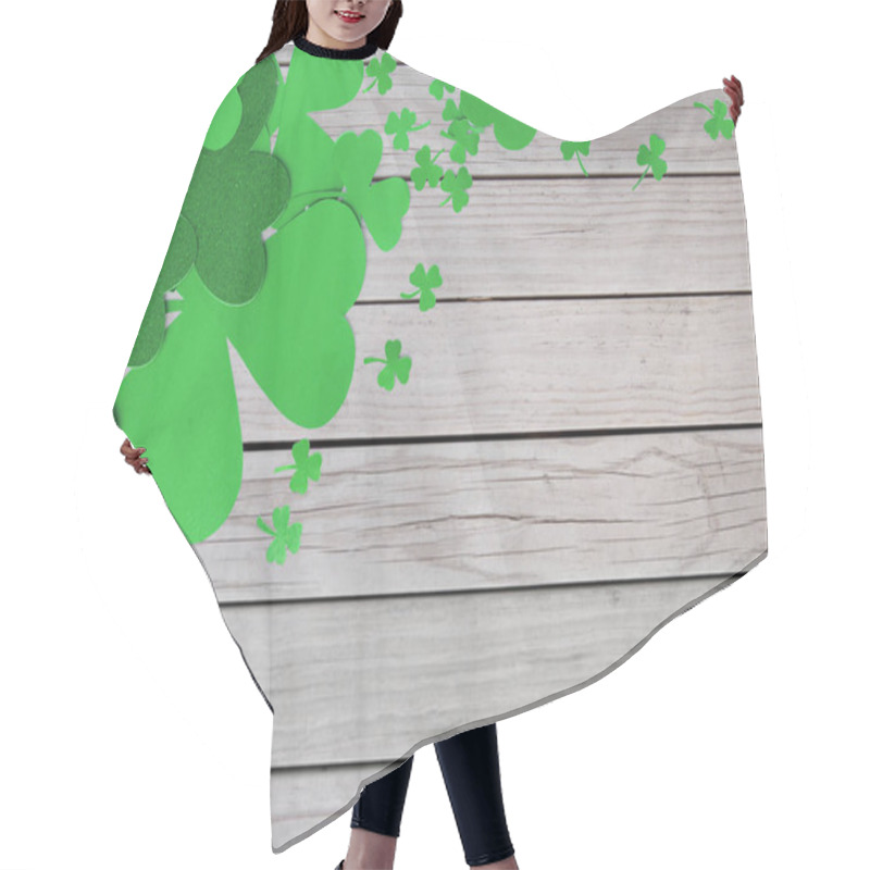 Personality  Green Paper Shamrocks On Wooden Background Hair Cutting Cape