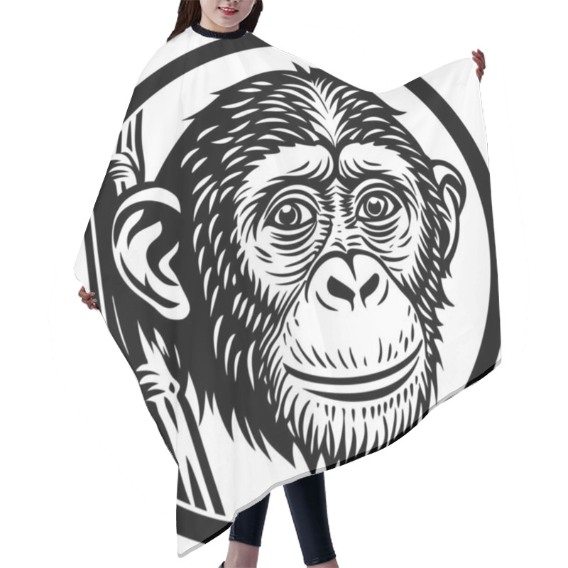 Personality  Vector Illustration Of Head Monkey With Big Black Round Head. Hair Cutting Cape