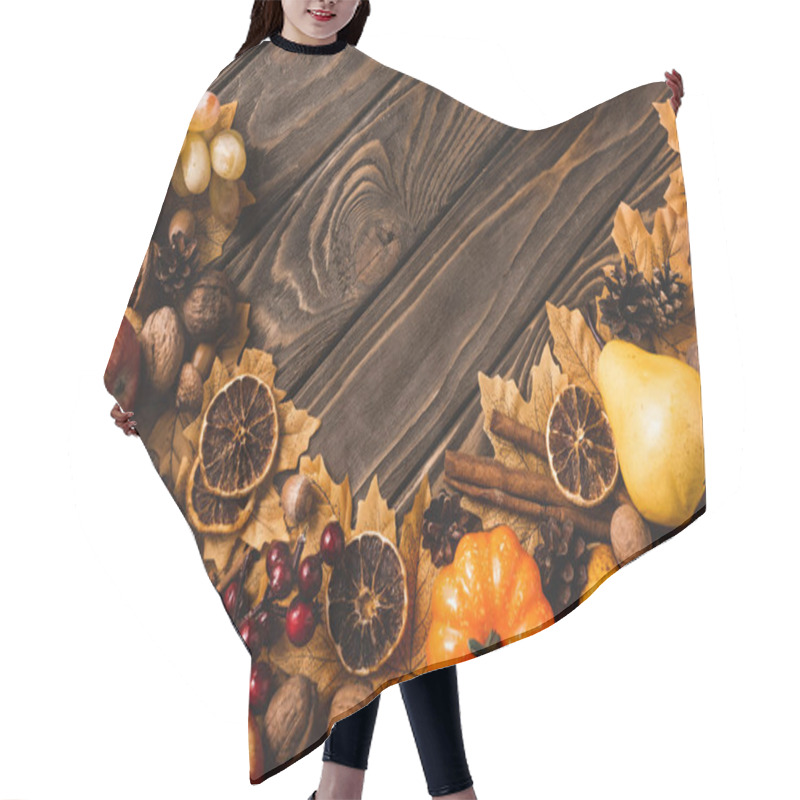 Personality  Top View Of Autumnal Harvest And Foliage On Brown Wooden Background Hair Cutting Cape