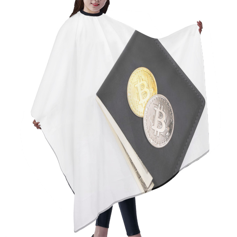 Personality  KYIV, UKRAINE - APRIL 26, 2022: Top View Of Crypto Coins On Wallet With Dollars Isolated On White  Hair Cutting Cape