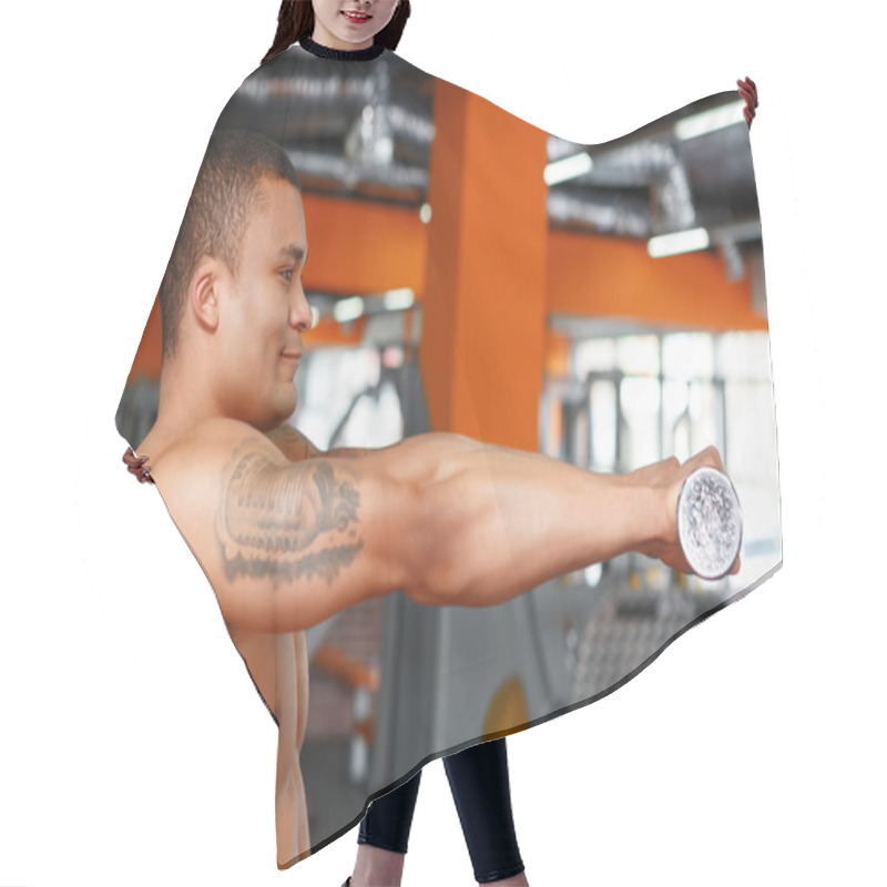 Personality  Profile Of Man Holding Dumbbells In Front Chest Hair Cutting Cape