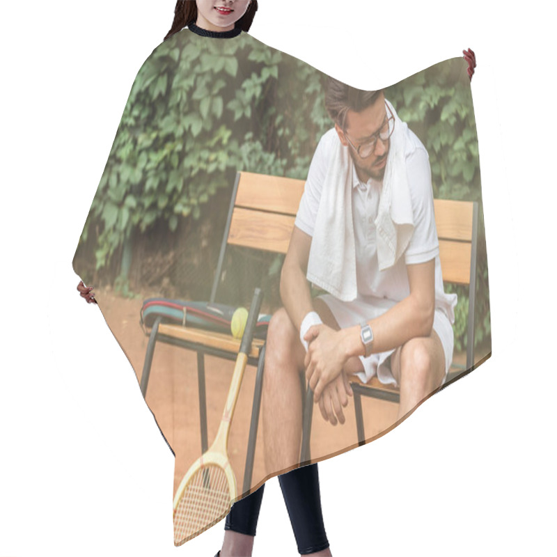 Personality  Tired Tennis Player With Towel And Tennis Racket Resting On Chair On Tennis Court  Hair Cutting Cape