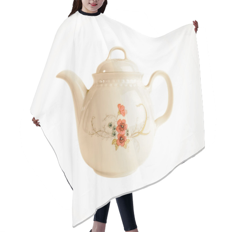 Personality  Porcelain Teapot With Floral Patterns Isolated In Old Style On White Hair Cutting Cape