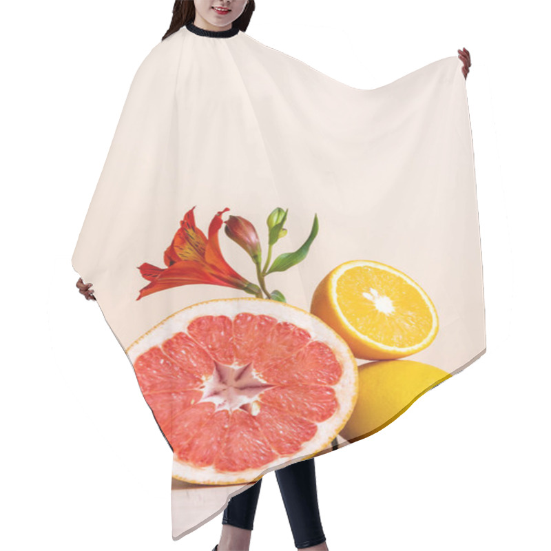 Personality  Floral And Fruit Composition With Red Alstroemeria And Citrus Fruits Isolated On Beige Hair Cutting Cape