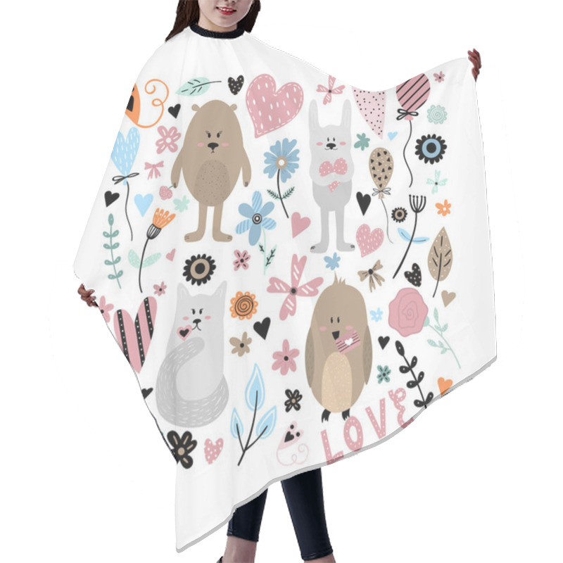 Personality  Vector Set Of Cute Animals With Doodle Flowers, Hearts  And Leav Hair Cutting Cape