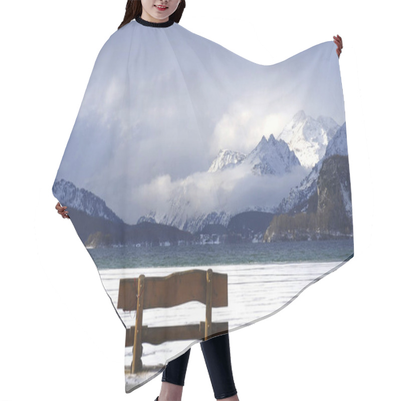 Personality  Bench Looking Solitary At Frozen Sils Lake In Engadin Switzerland With Snow Alps Mountains Hair Cutting Cape