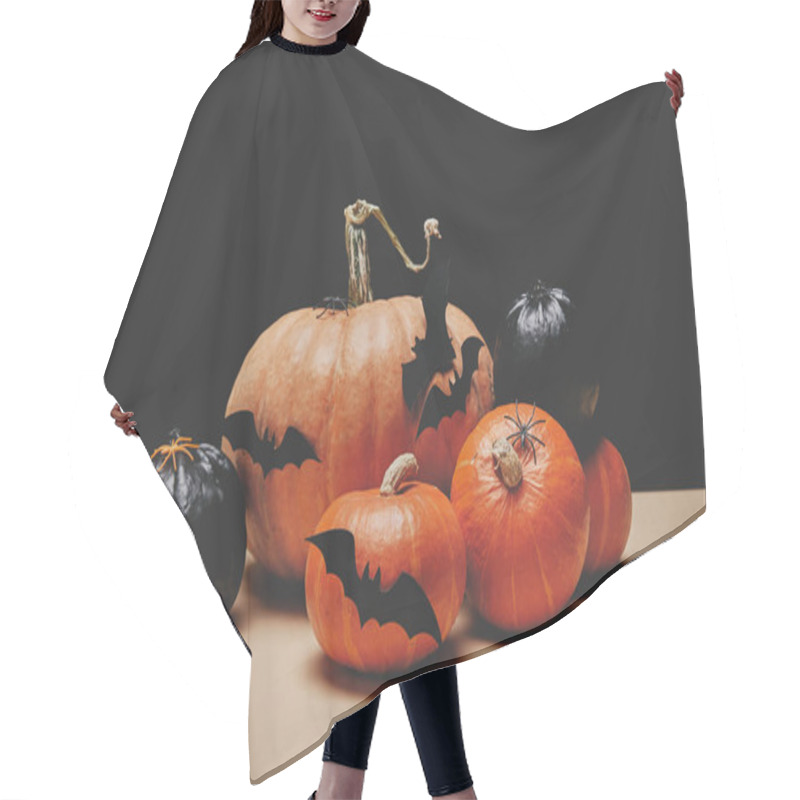 Personality  Orange And Black Pumpkins With Paper Bats On Table, Halloween Concept Hair Cutting Cape