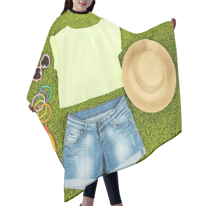 Personality  Top, Shorts And Beach Items On Bright Green Background Hair Cutting Cape