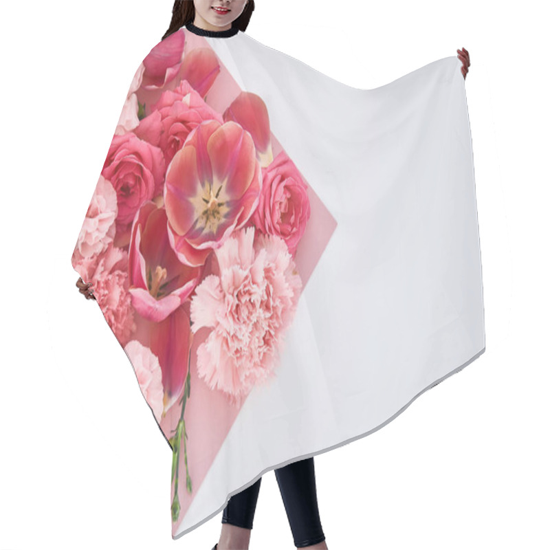 Personality  Top View Of Roses, Tulips And Carnations On Pink And White Background Hair Cutting Cape