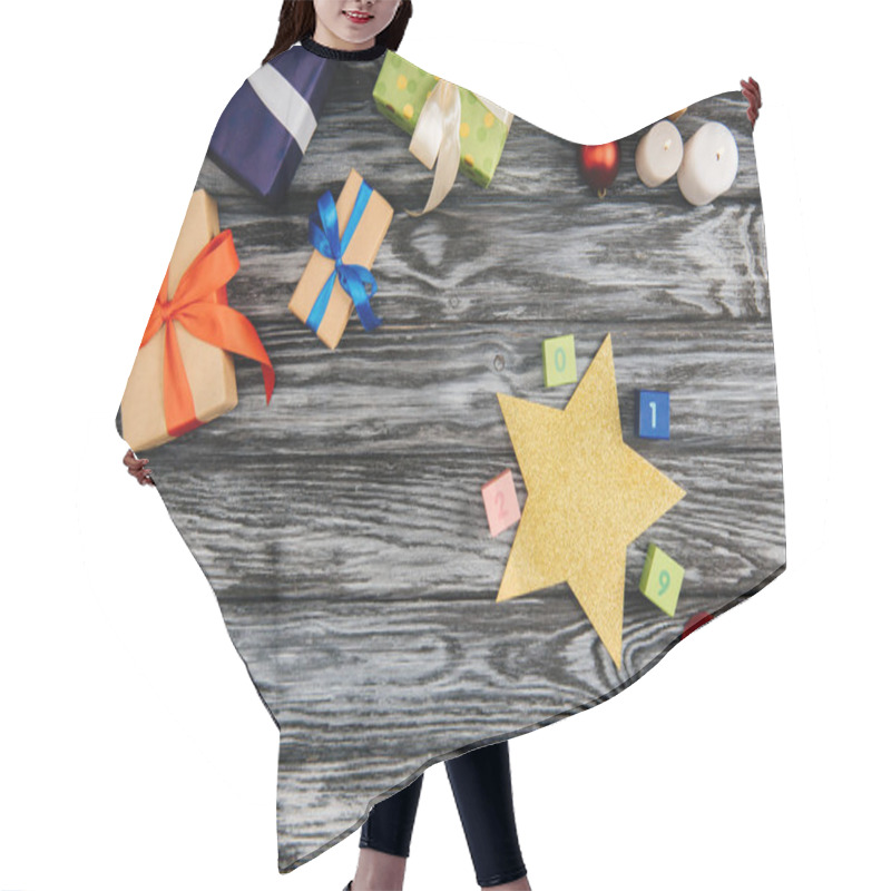 Personality  Top View Of Christmas Presents, 2019 Sign, Star And Burning Candles On Wooden Surface Hair Cutting Cape