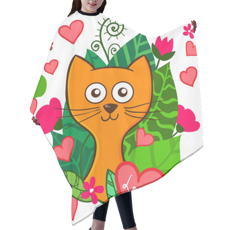 Personality  Valentine Day Funny Cartoon Kitten With Pink Hearts And Flowers Hair Cutting Cape