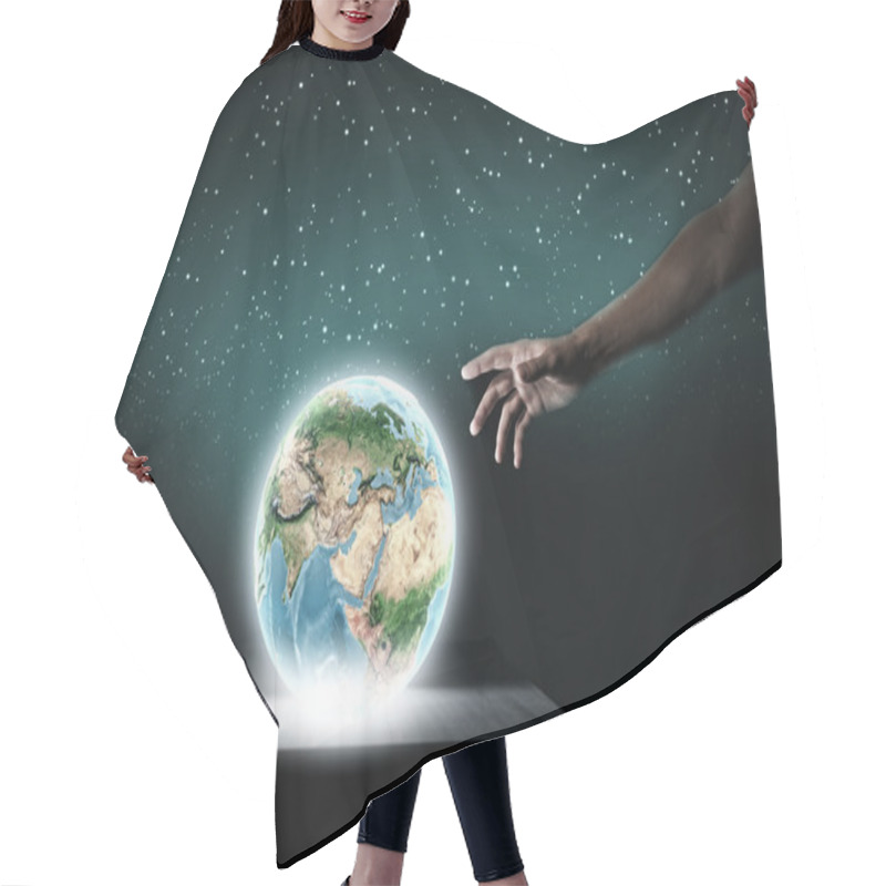 Personality  Human Hand Touching Earth Planet With Finger Hair Cutting Cape