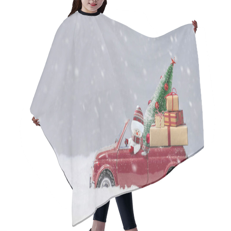 Personality  Snowman In Red Car Delivering Christmas Tree And Presents At Snowy Background. Hair Cutting Cape