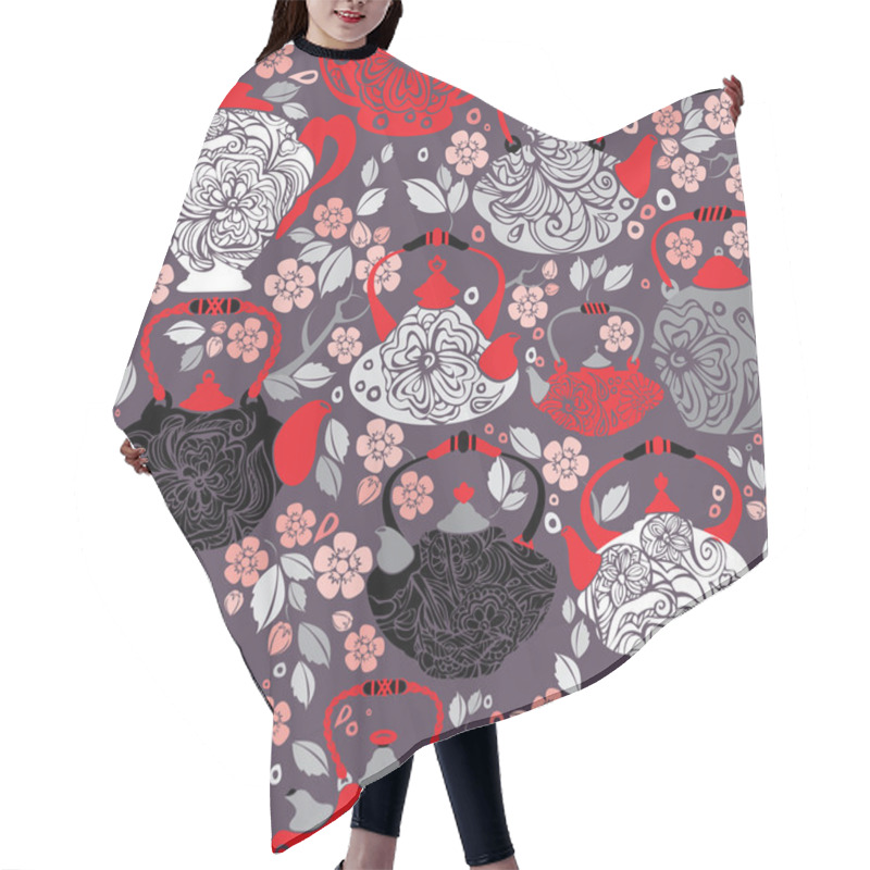 Personality  Seamless Pattern With Retro Design China Tea Pots And Sakura Flo Hair Cutting Cape