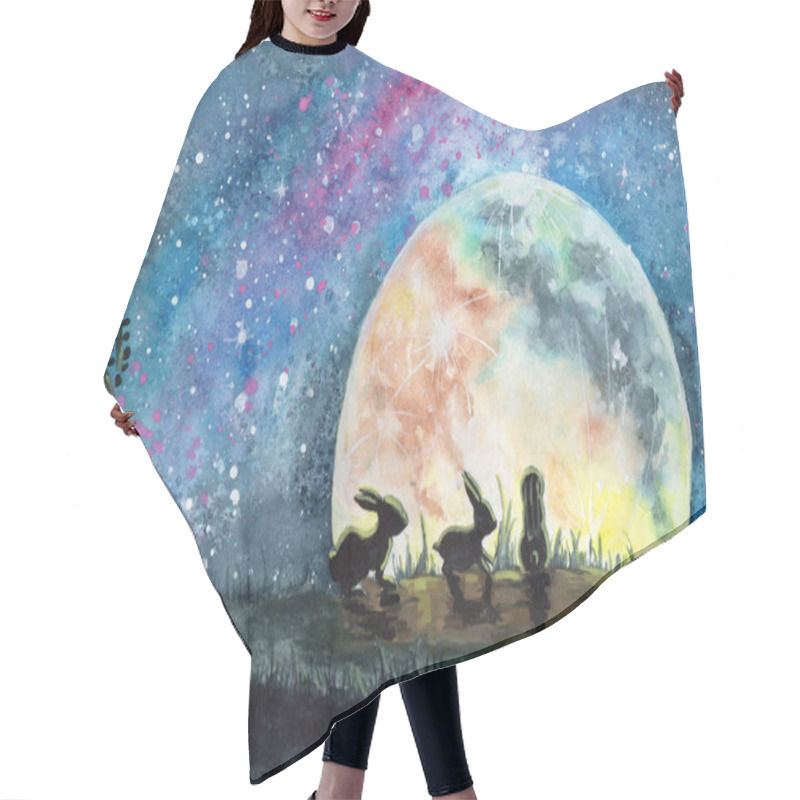 Personality  Watercolor Illustration Of Three Rabbits Or Hares In A Field With Grass, Looking On A Huge Colorful Moon And Bright Starry Sky Hair Cutting Cape