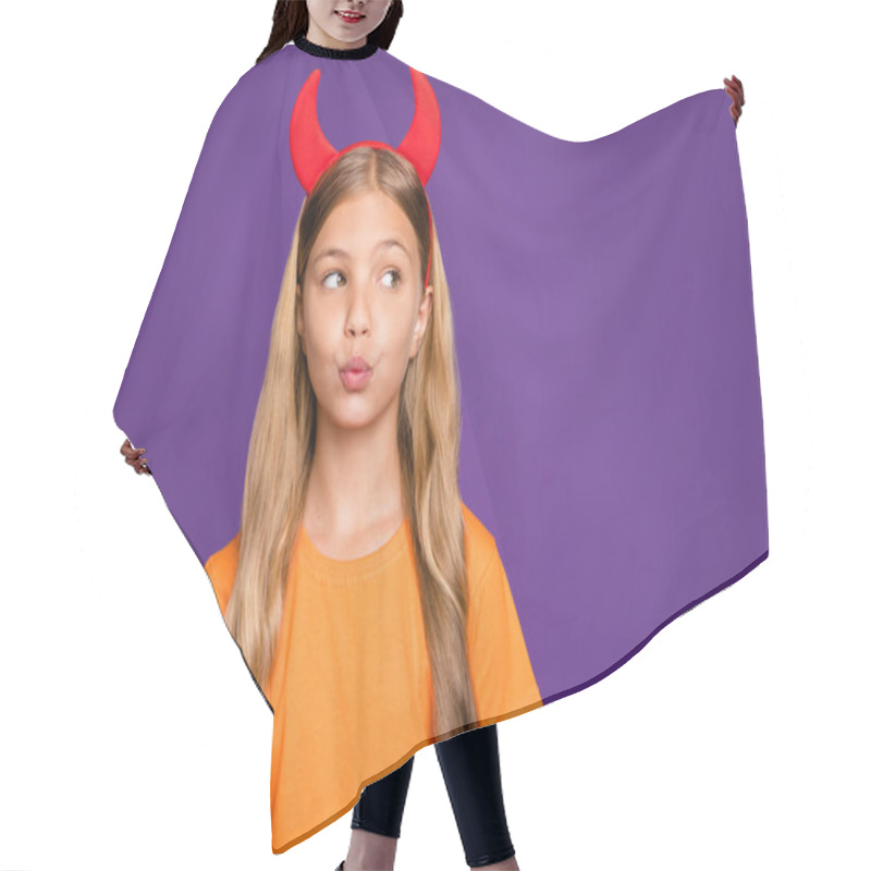 Personality  Photo Of Pretty Little Lady Headband Horns On Head Looking Empty Space Sending Air Kiss Classmate Boy Helloween Party Wear Orange T- Shirt Isolated Purple Color Background Hair Cutting Cape