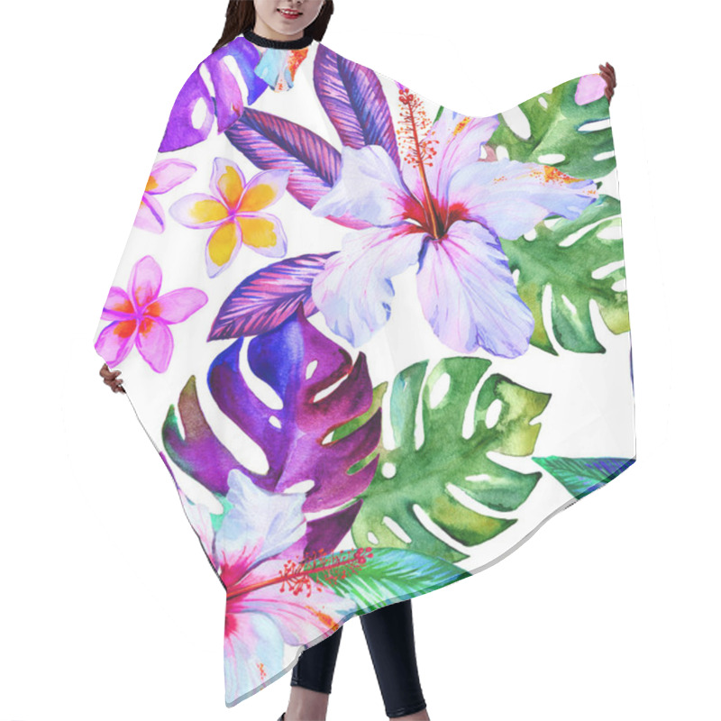 Personality  Tropical Fashion Seamless Print Design With Exotic Flowers And Leaves. Jungle Palm Leaves, Hibiscus, Plumeria, Frangipani. Hair Cutting Cape