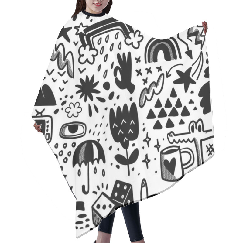 Personality  A Collection Of Whimsical Black And White Doodles With Halftone Effect, Including Rainbows, Flowers, Hands, And Arrows For Artistic Projects Hair Cutting Cape