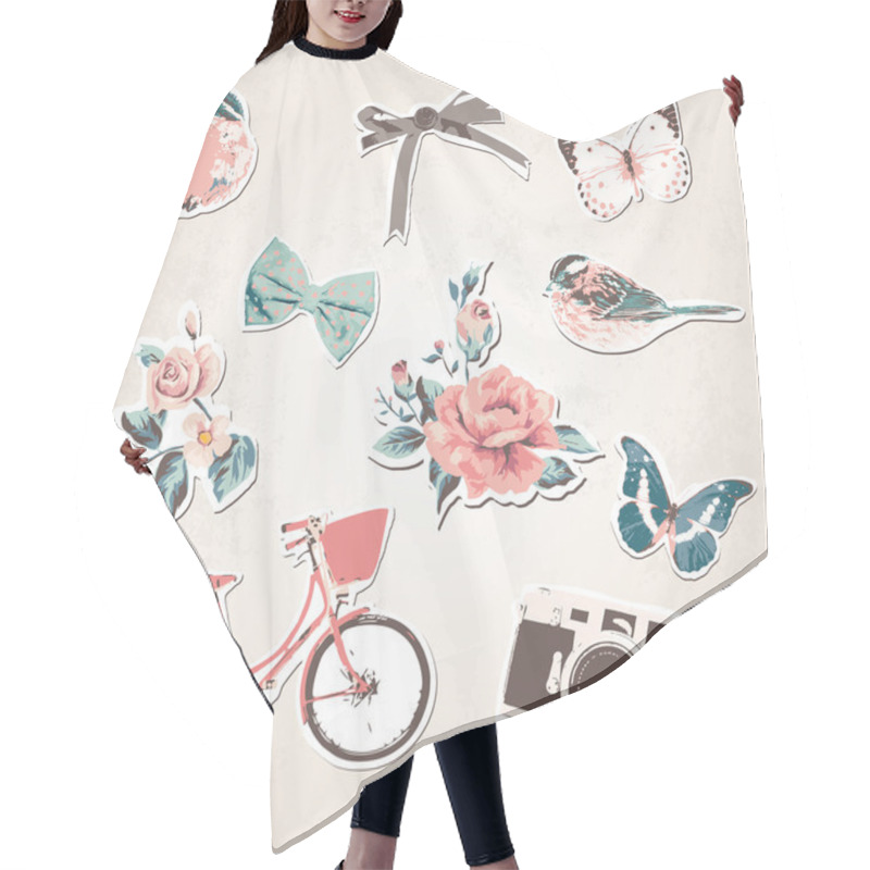 Personality  Vintage Things Set-birds,bows,flow Ers,bike,camera,but Terflies On Grunge Background Hair Cutting Cape