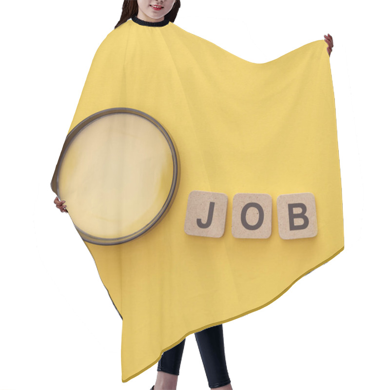 Personality  Top View Of Magnifying Glass Near Cardboard Squares With Job Lettering On Yellow Background Hair Cutting Cape