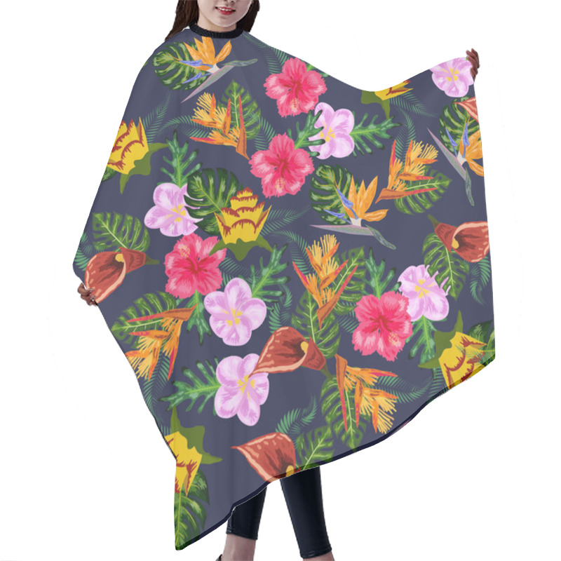 Personality  Seamless Tropical Pattern With Palm, Monstera Leaves And Many Flowers Of Hibiscus, Sterlitz, Tropical. Hair Cutting Cape