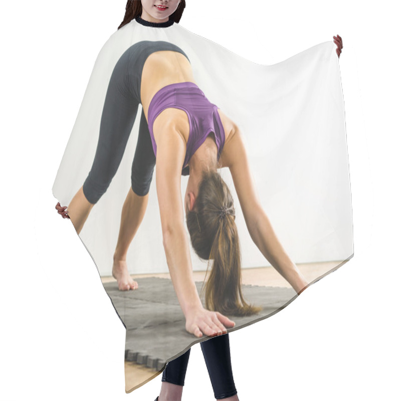 Personality  Woman Doing Downward Dog Yoga Position Hair Cutting Cape