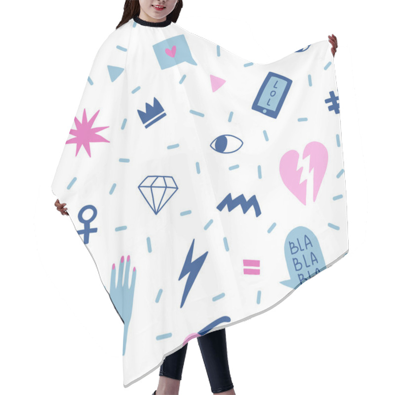 Personality  Seamless Pattern With Hand Phrases And Symbols For Teenage Girls. Hair Cutting Cape