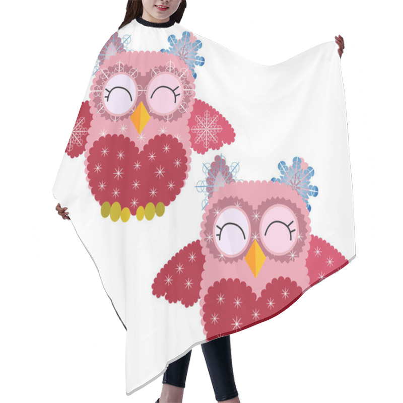 Personality  Two Cute Pink Owl In Snowflakes, In A Crown Of Snowflakes And With Snowflakes On Wings Hair Cutting Cape