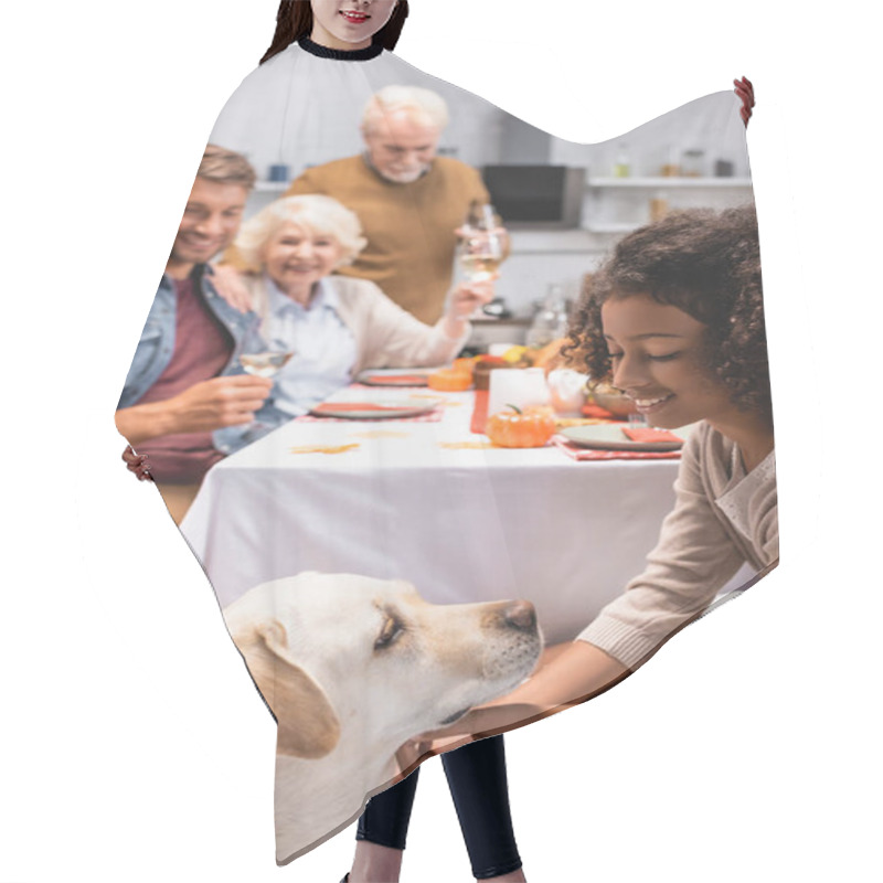 Personality  Selective Focus Of Joyful African American Girl Stroking Golden Retriever During Celebration Of Thanksgiving Day With Family Hair Cutting Cape